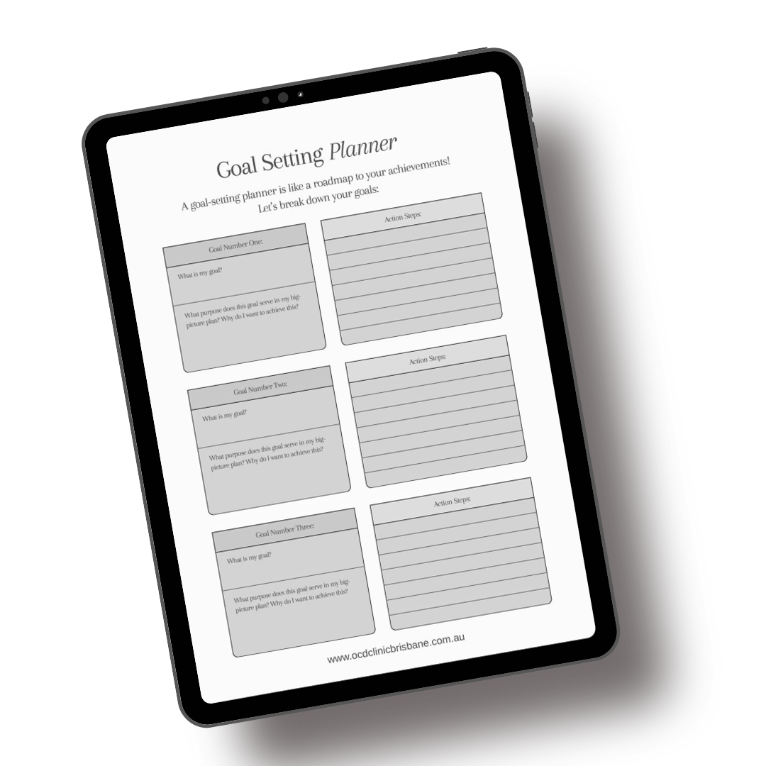 A tablet displays a goal setting planner with sections for three goals, including space for objectives, reasons, and action steps.